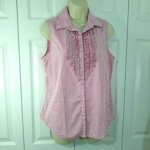 Lauren Ralph Lauren Cotton Striped  Pink White Sleeveless Top Button Down Sz 10